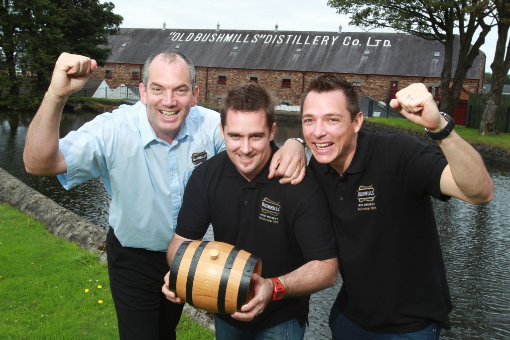 BUSHMILLS™ Irish Whiskey Master Distiller Colum Egan is pictured with the winners of Make it 2 Bushmills, South Africans, Jonathan Oliff and Sean Tickner. 