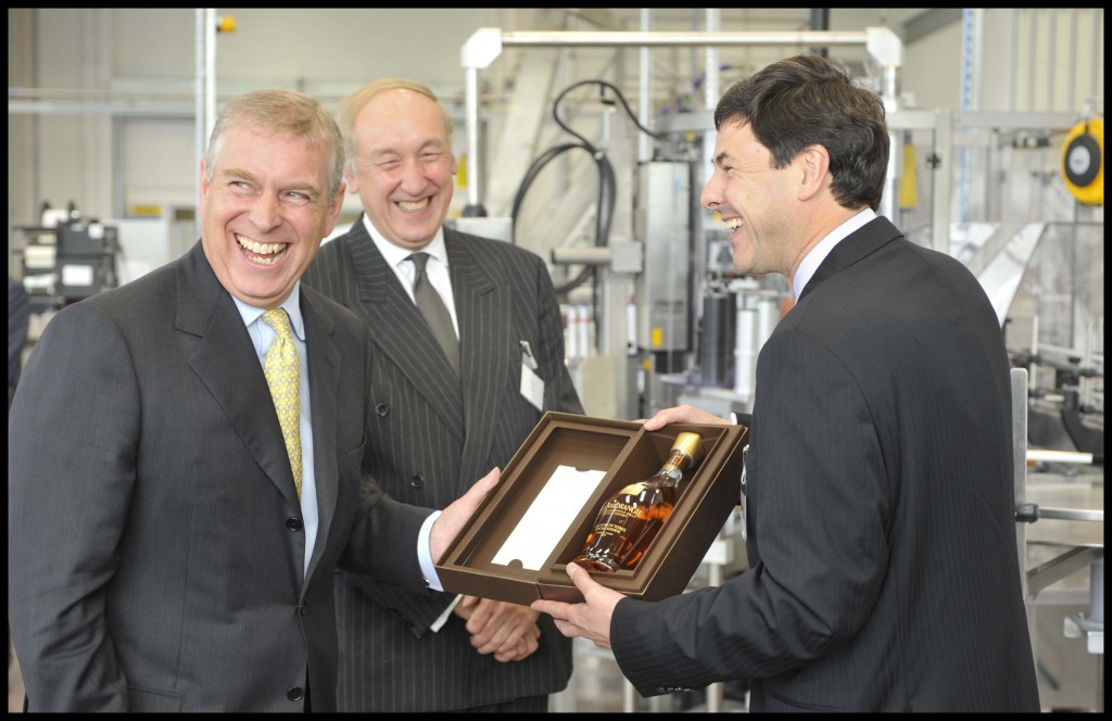 FREE TO USE - HRH DUKE OF YORK OPENS GLENMORANGIE'S BOTTLING PLA HRH The Duke of Yprk is presented with the 1st bottle of his Glenmorangie Special reserve by Dr. Bill Lumsden, head of Distilling & Whisky Creation and Paul Neep, Chairman
