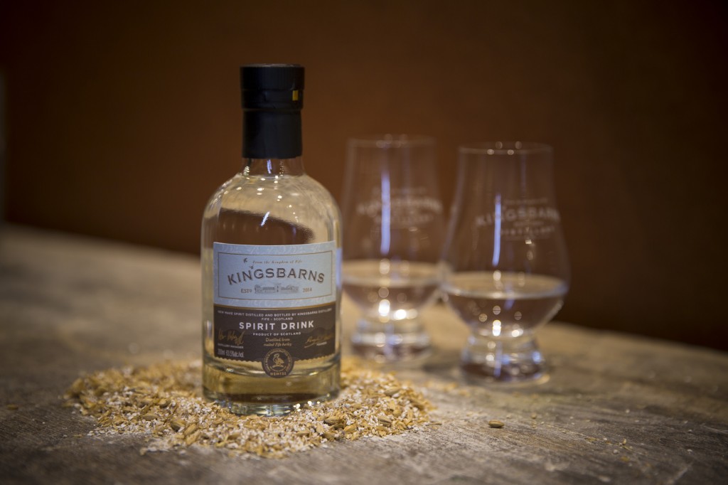 Kingsbarns New Make Spirit with barley and glasses